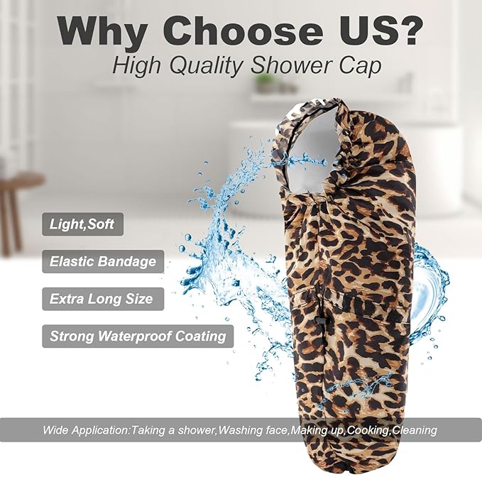 ELEBOX Extra Large Shower Cap for Braids/Curly Hair/Dreadlock | Reusable Waterproof Long Bonnets for Women Bath/Swim/Cooking/Cleaning/Spa | XL Bathing Cap with Adjustable Drawstring & Button, Leopard