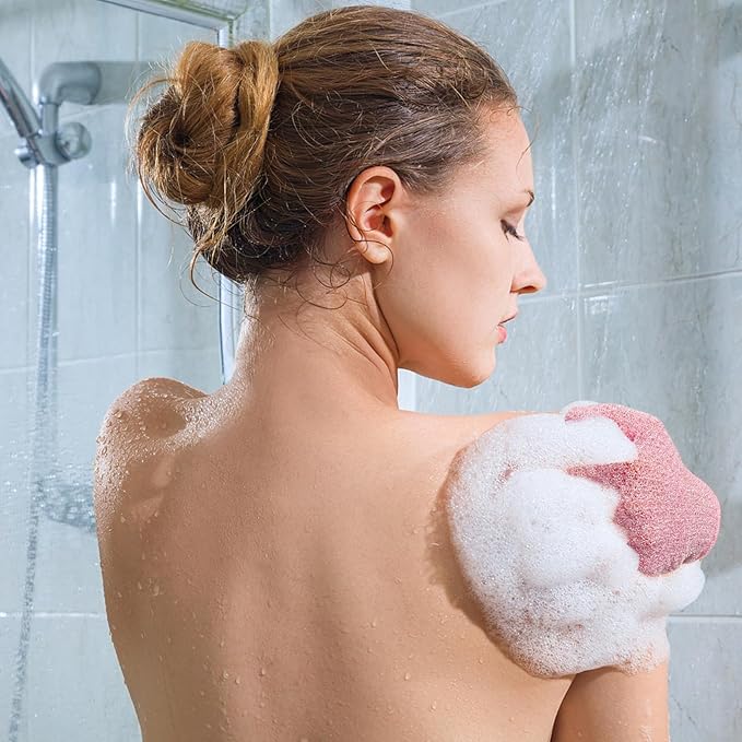 Evridwear Exfoliating Glove Shower Gloves Exfoliate Dead Skin for Dry Sensitive Skin No Irritation with Hanging Loop (Pink Moderate Exfoliation)
