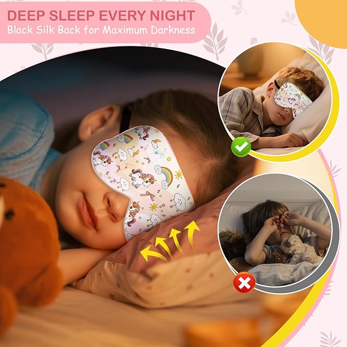 Kids Silk Sleep Mask: 100% Mulberry Silk Eye Mask with Adjustable Strap, Cute Sleeping Blindfold for Boys Girls Teens, Soft & Lightweight Eye Shade for Travel, Nap, Bedtime (Pink Horse Style)