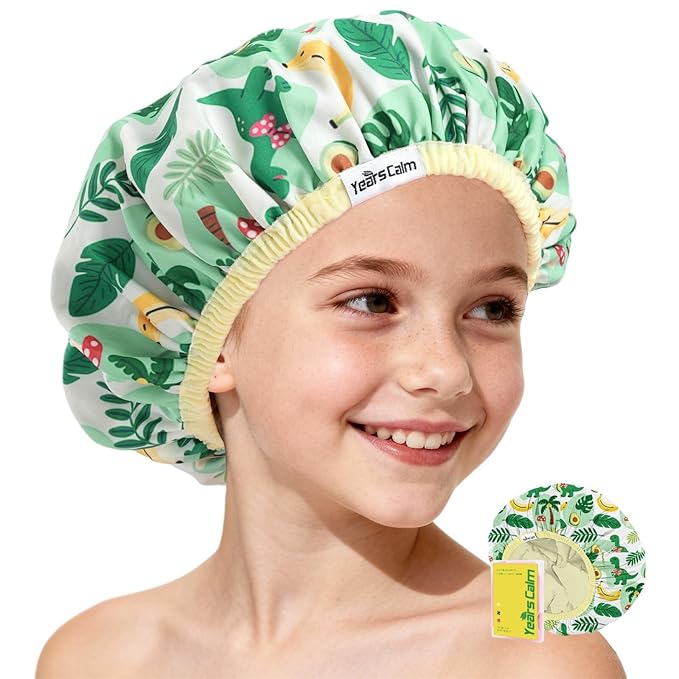 Years calm Kids Shower Cap, Waterproof Reusable Cartoon Bath Cap with Double Layers & Soft Elastic Band, Washable shower cap for kids, Great for Daily Bath