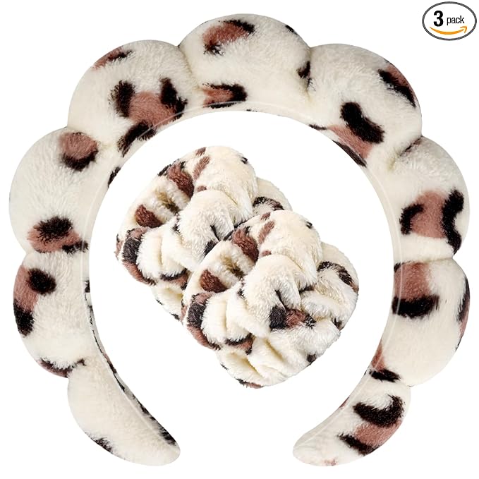 Zkptops Spa Headband for Washing Face Wristband Set Sponge Makeup Skincare Headband Wrist Plush Bubble Get Ready Hairbands for Women Puffy Headwear Non Slip Thick Thin Hair Accessory(Beige Leopard)