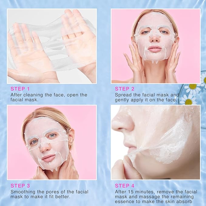 48 Packs Collagen Essence Sheet Facial Masks, Plant Extract and Sodium Hyaluronate, Skincare for All Skin Types, Moisturizing and Soothing, Natural Skin Care Spa Korean Face Mask