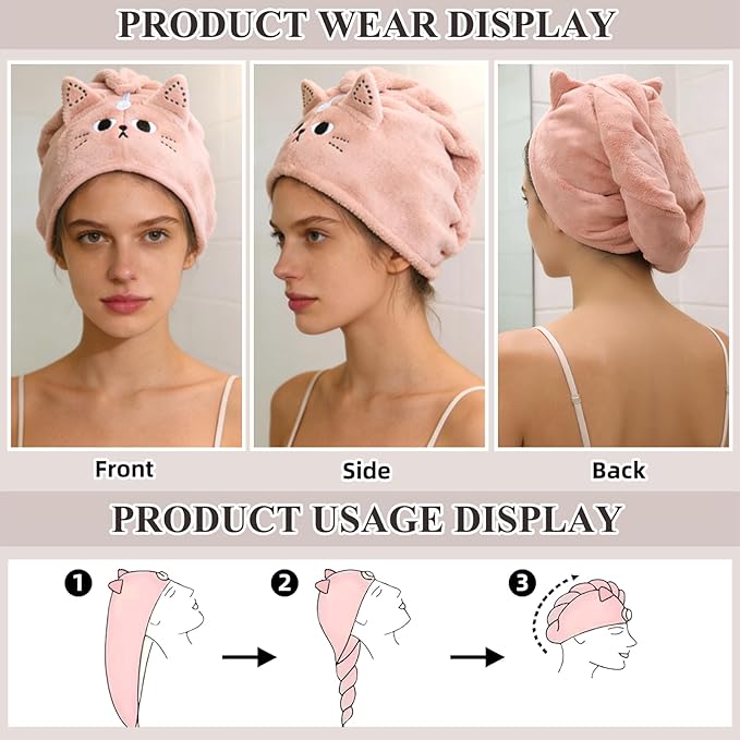 2Pack Microfiber Hair Towel Wrap for Kids, Cute Cat Absorbent Hair Drying Turbans Head Towels for Women Girls (Pink and Khaki Cat)