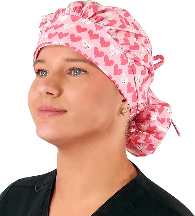 Sparkling EARTH Banded Bouffant Surgical Scrub Ponytail Working Caps and Built-in Sweatband - 100% Cotton - Made in The USA