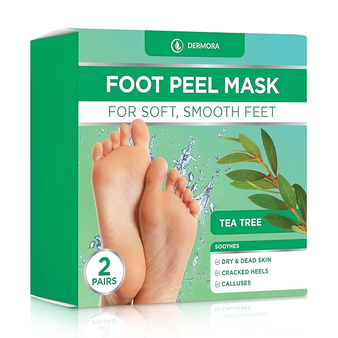 DERMORA Foot Peel Mask | Skin Exfoliating Foot Masks for Dry, Cracked Feet & Callus Removal | Dead Skin Exfoliator for Baby Soft Feet | Pack of 2 | Regular (Fits up to Men 10 / Women 11) | Tea Tree