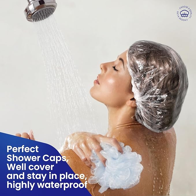 LEOBRO Shower Cap, 80PCS Individually Wrapped Disposable Shower Caps for Women, Plastic Shower Caps Disposable, Plastic Hair Caps, Clear Shower Cap for Travel, Deep Conditioning, Hotel, 17.3 INCH