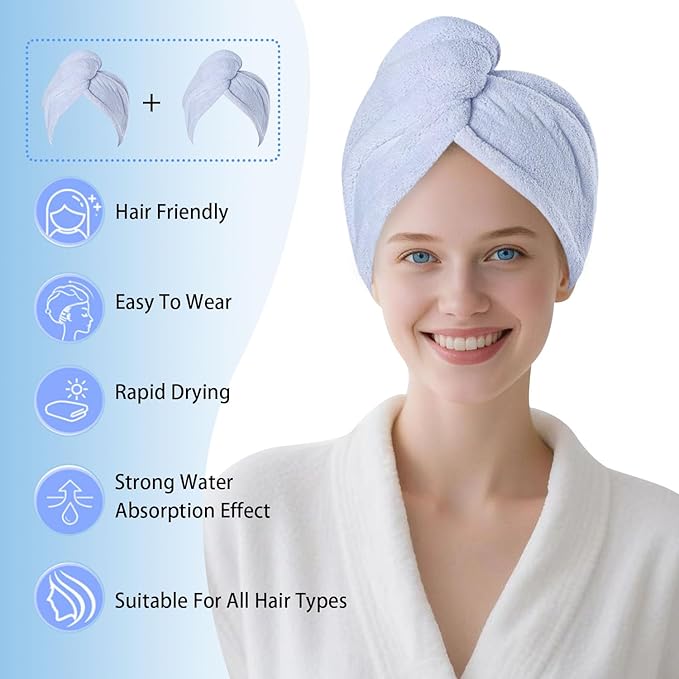 Microfiber Hair Drying Towel Wrap for Women, Hair Turbans Towel for Wet Hair,turbie Twist Hair Towels(The Color of the Picture is for Reference only) (Blue,Blue)