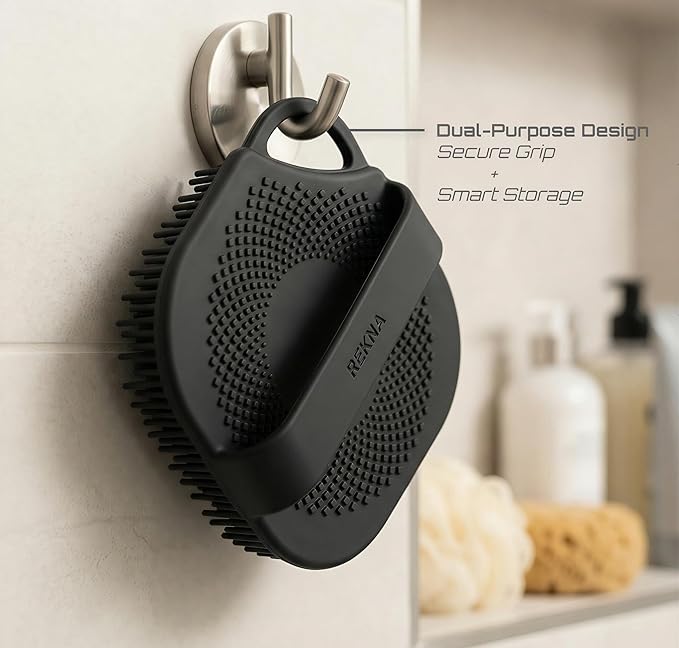 Silicone Body Scrubber for Shower - Exfoliating Body Brush with Non-Slip Grip - Durable Loofah Alternative - Soft Bristles for Gentle Cleansing, High Lather & Quick Drying, Black