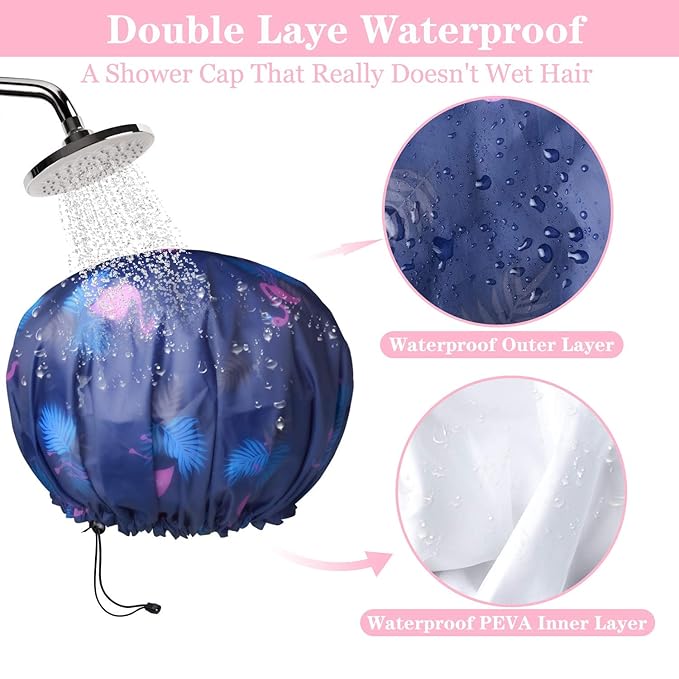 3 Pack Extra Large Double Layer Adjustable Shower Caps for Women, Waterproof Exterior & EVA Lining, Oversized Design for All Hair Lengths