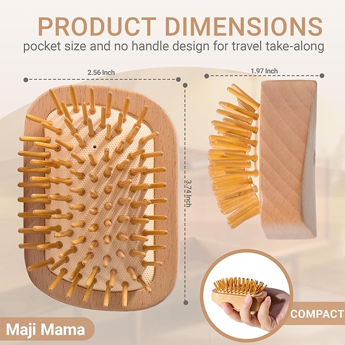 Handmade Natural Wooden Hair Brush Hairbrush with Bamboo Pins Massage Scalp & Detangling All Hair Types For Hair Growth,Scalp Massager Mini Brush No Handle Design