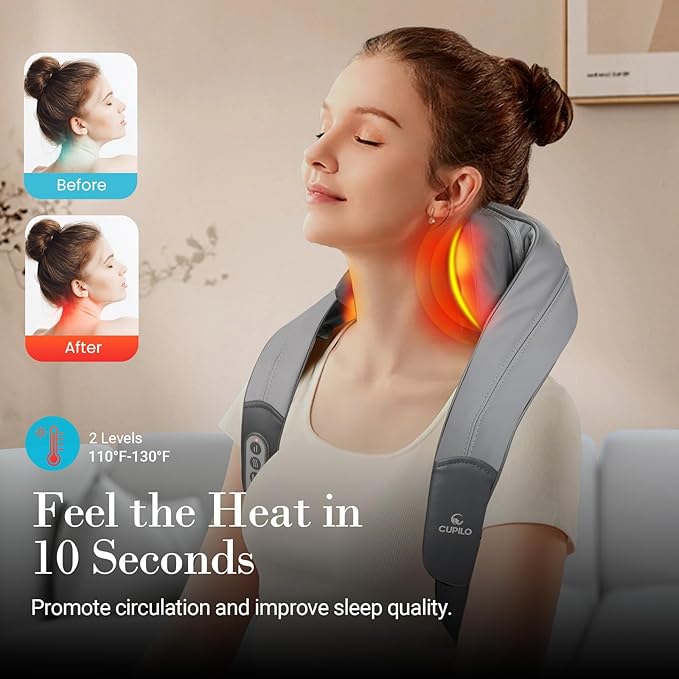 CuPiLo Shiatsu Neck and Shoulder Massager with Heat - HSA Eligible, Cordless 4D Deep Tissue Kneading Massager, Rechargeable Massage for Neck, Shoulder,Ideal Gift for Women,Men