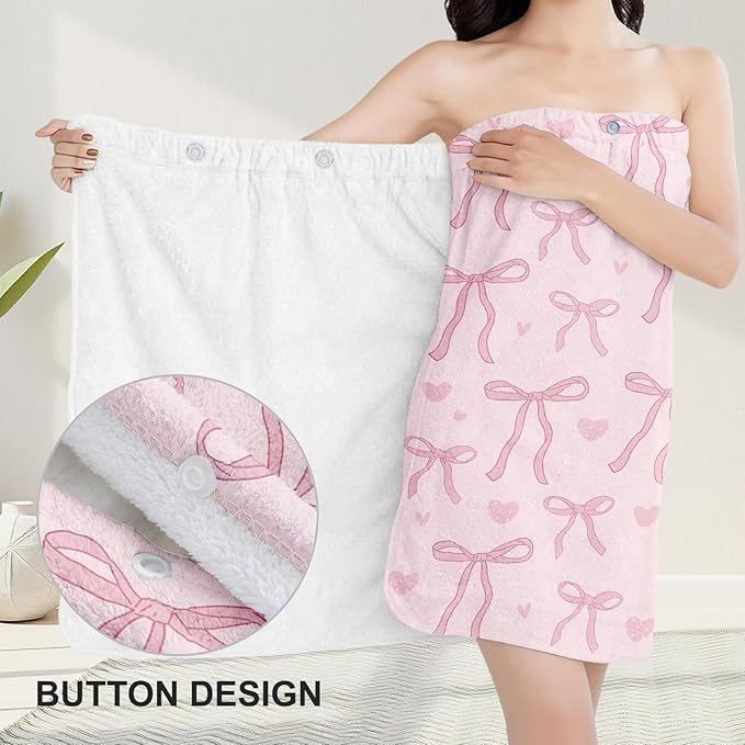 Absorbent Bath Towel Wrap Set for Women, Pink Bowknot Print Towel Wrap After Shower, Microfiber Shower Robe Body Towel Wraps for Women, Quick Dry Hair Towels Wraps for Spa Hotel Beach Girl