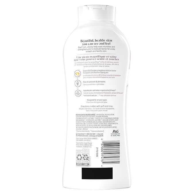 Olay Body Wash for Women,Age Defying with Vitamin E,24hr Moisturizing,Hydrating & Refreshing,B3 Vitamin Complex,Free of Parabens & Phthalates,for All Skin Types,Scented,22 fl oz,(Pack of 8)