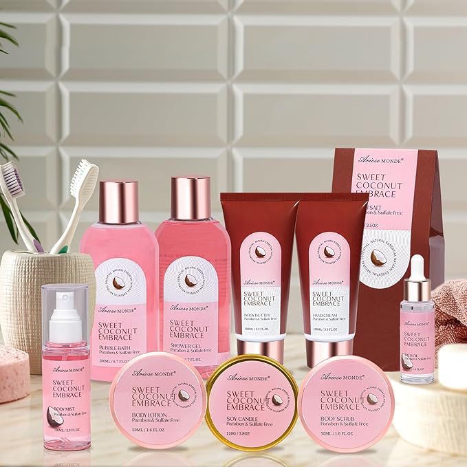 Mother‘s Day Gift Baskets for Women, Spa Gifts for Women, 17pcs Coconut Spa Gift Set with Body Lotion, Bubble Bath, Relaxing Bath Set, Birthday Christmas Gifts for Her, Mom, Wife, Sister