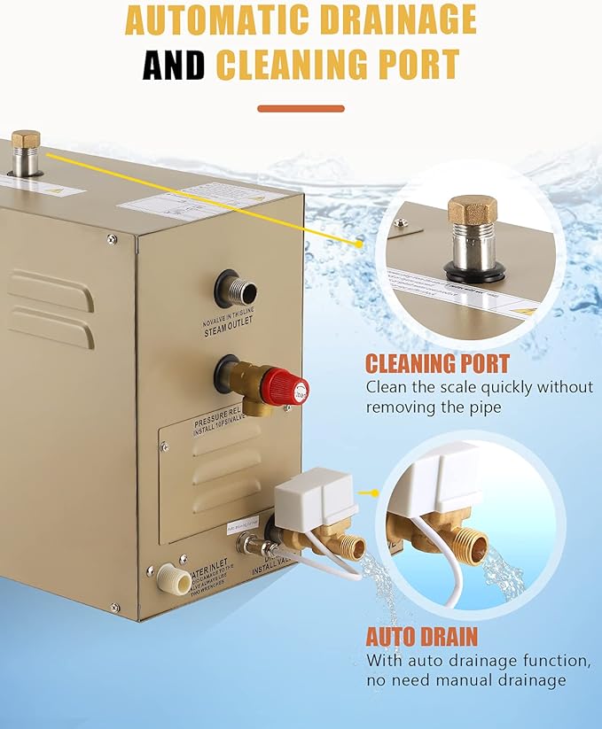 CGOLDENWALL 9KW Commercial Self-Draining Steam Generator Shower System Home Steam Bath Spa Generator 30 min to 12 Hours with Auto Drain 95-131℉ for Suitable Space Heating 9 m³/318 Cubic feet (9KW)
