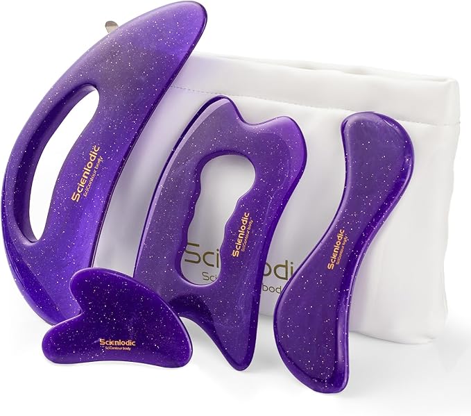 Scienlodic 4 Pcs Gua Sha Massage Tools for Face & Body (Purple, Resin) - Guasha Scraping Tool for Jawline Contouring, Puffiness Reduction, Neck, Back, Legs & Muscle Relaxation