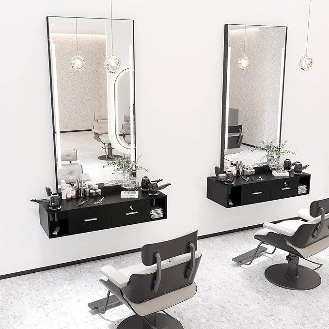 OmySalon Wall Mount Styling Station for Hair Stylist,Beauty Barber Spa Equipment,Salon Cabinet Station with Locking Drawers,Bathroom Dresser with 5 Hair Dryer Holders, Black