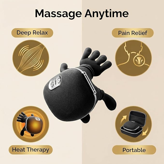 Portable Finger Pressure Neck and Back Massager with Heated Massage Tool, Electric deep Tissue 4D kneading Massage, simulating Human Relaxation and Muscle Pressure Relief