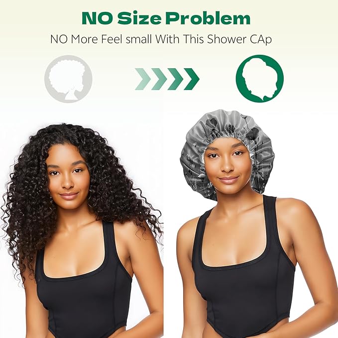 2 PCS Shower Cap Waterproof Double Layer Elastic Adjustable Reusable Hair Bath Caps for Girls Women Cute Aesthetic-Black Grey