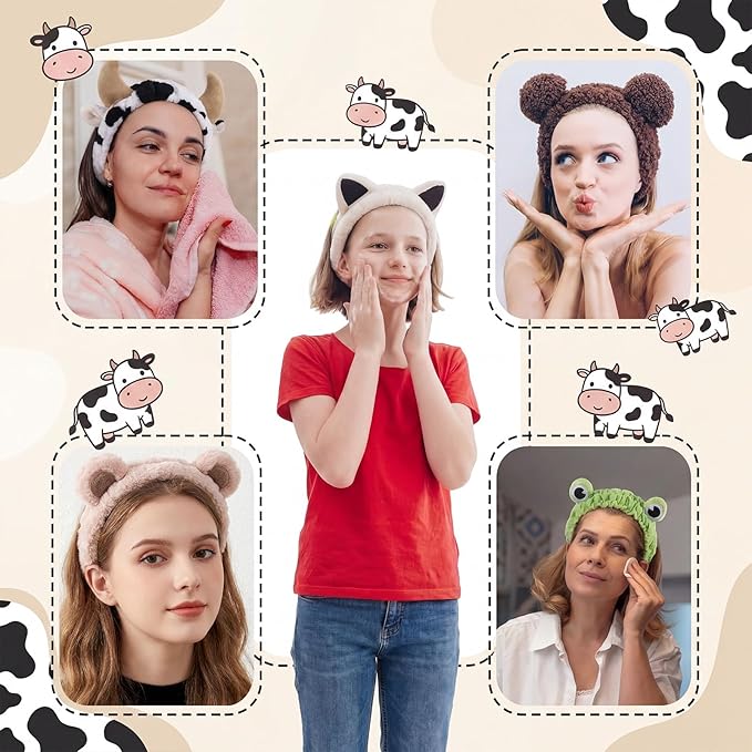6-pack Animal Headbands Soft Coral Fleece Hair Band for Face Washing, Makeup, Skincare, Spa, Multi-color Animal Headbands for Women and Girls Gift