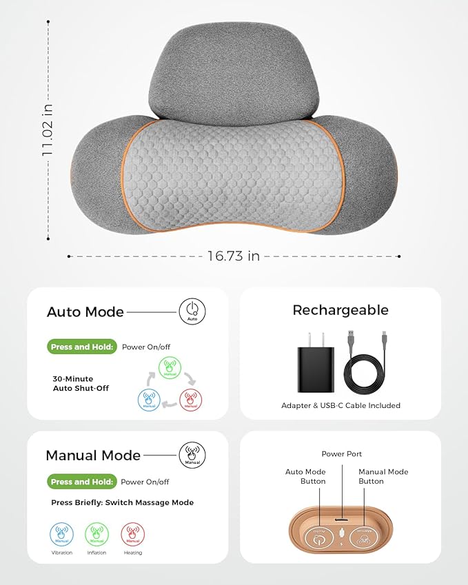 3-in-1 Neck Massager Pillow for Pain Relief Deep Tissue with Heat, Cordless & Rechargeable Massager with Traction for Neck Hump & Shoulder Comfort, Memory Foam Artuvate Pillow for Home Office Travel