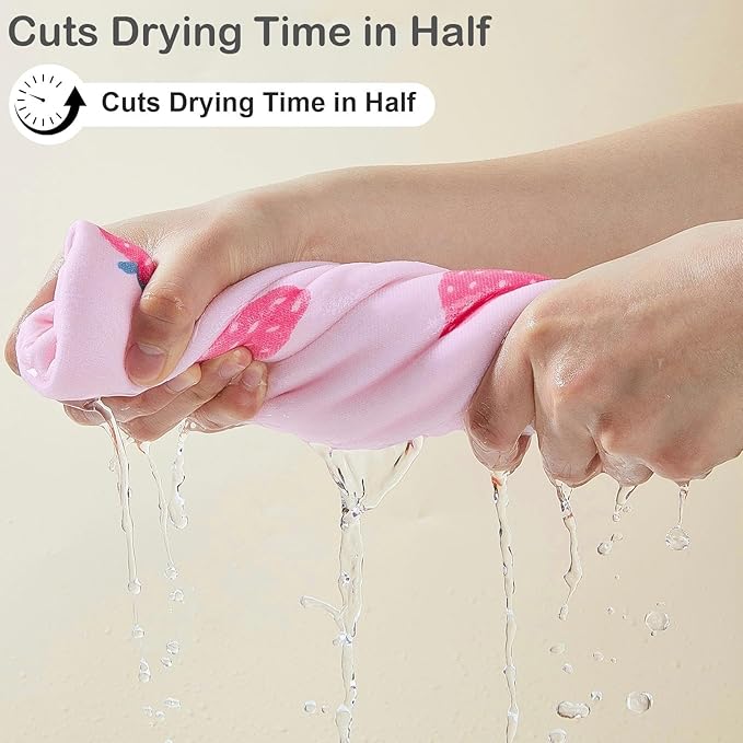 2 Pack Microfiber Hair Towel Wrap for Girls, Quick Dry Hair Turban for Kids, Absorbent Frizz-Free Hair Drying Towel with Button for Long Thick Curly Hair, Pink White Strawberries