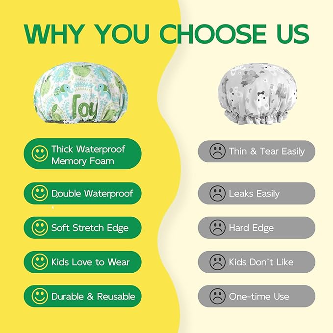 Years calm Kids Shower Cap, Waterproof Reusable Cartoon Bath Cap with Double Layers & Soft Elastic Band, Washable shower cap for kids, Great for Daily Bath