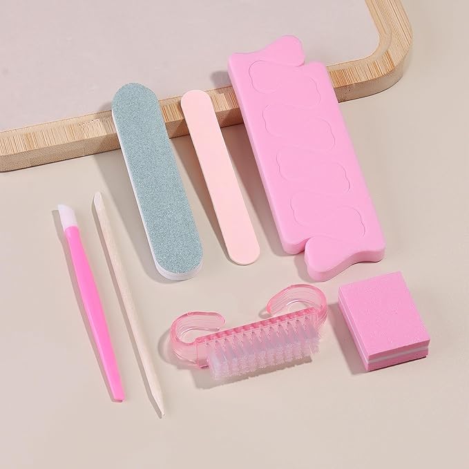 SUTOKAKA 5 Sets Manicure Prep Kit for Travel Home, Portable Basics 7 in 1 Nail Salon Pedicure Tools, Sponge Toe Finger Separators, Nail File, Cuticle Pusher, Wood Stick & Handle Grip Brush