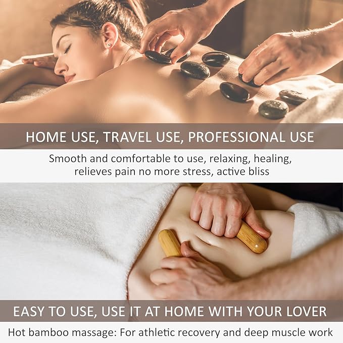 Massage Stones Set with Warmer Kit Hot Rocks Bamboo for Massage Hot Stones Massage Warmer Kit with Temperature Control and Carry Bag for Home Use (11 Stones and 3 Sticks) Suitable for Gifting