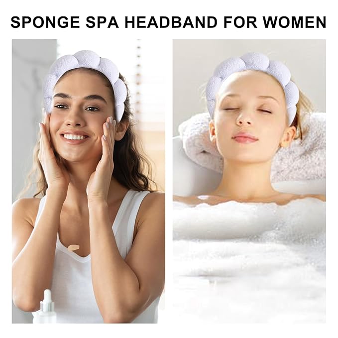Beleki Spa Headband for Washing Face Wristband Set Sponge Headband Makeup Skincare Face Washing Headband Terry Cloth Bubble Puffy Hairband Non Slip Headwear Hair Accessory for Women - White