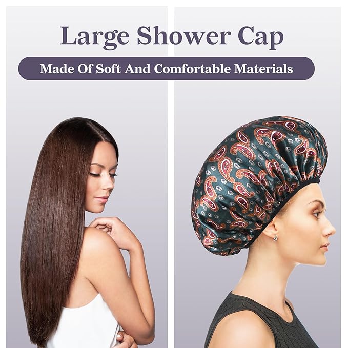 Paisley Satin Shower Cap, Three-Layer Terry Cloth Lined, with Silk Hair Ties, Microfiber Waterproof Reusable Large Size Shower Cap for Women Long Thick Hair (Red Bandana)