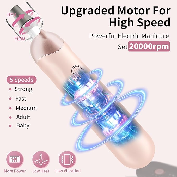 Professional Manicure Pedicure Kit, Cordless Electric Nail File Set, Rechargeable Pedicure Tools for feet, 5 Speeds Hand Foot Care Nail Drill for Thick Nail Toenail Cuticle Women Men Baby Pets-Rose