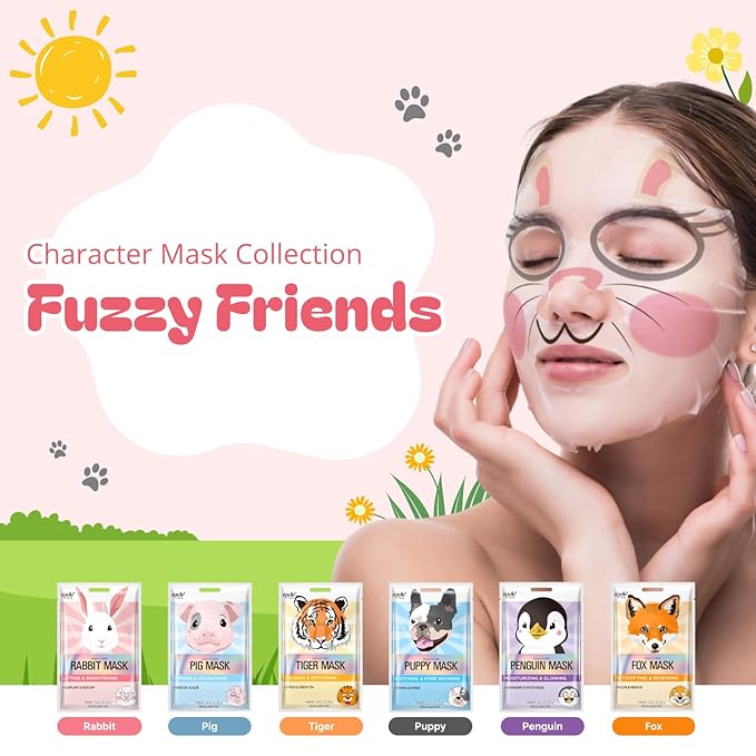 Epielle Character Face Mask Fuzzy Friends 6 Pack, Fun & Effective Korean Skin Care, Spa Party Favors, Mothers Day Gifts, Birthday Gifts for Women, Self Care Gifts