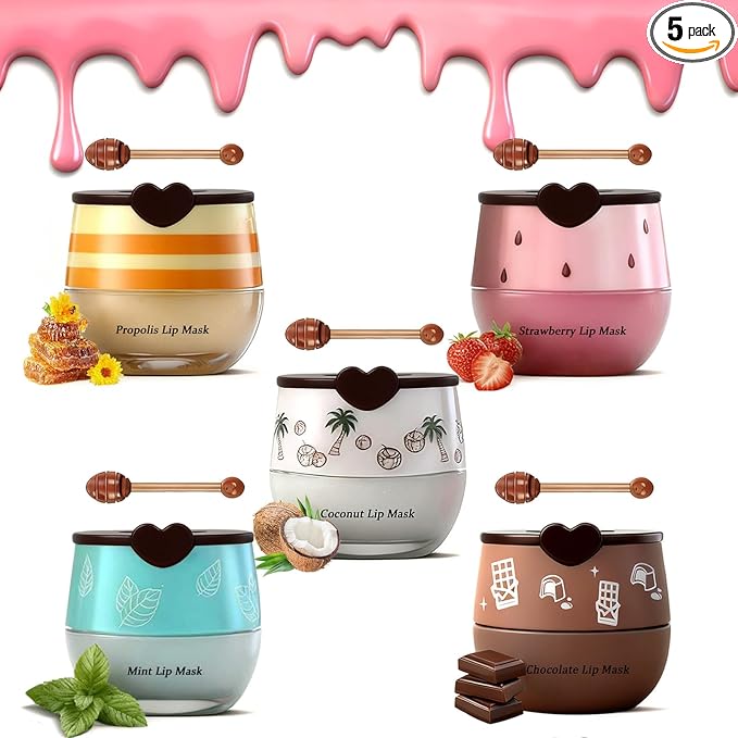 5PCS Bee Lip Balm Honey Pot, Fruit Lip Mask Set with Honey & Vitamin E, Moisturizing Overnight Treatment,Lip Mask Overnight Propolis Moisturizing Lip Balm Hydrating Prevention Dry and Crack