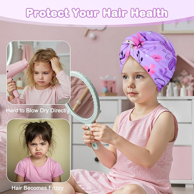 FIOBEE Microfiber Hair Towel Wrap for Kid Rapid Drying Towel Absorbent Hair Turbans for Wet Hair with Button Women Girls Long Curly Hair Pack of 2, Pink/Purple Butterfly