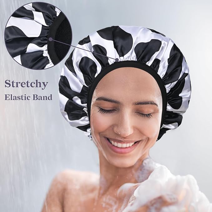 Black Cow Print Satin Shower Cap, Three-Layer Terry Cloth Lined, with Silk Hair Ties, Microfiber Waterproof Reusable Large Size Shower Cap for Women Long Thick Hair