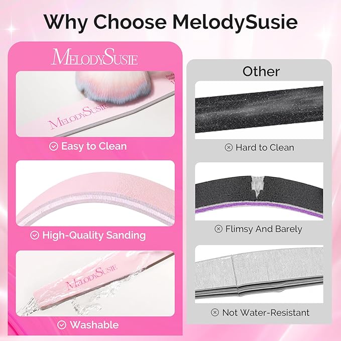 MelodySusie Nail File Kit, 6Pcs Double Sided 100/180 Grit Emery Boards for Nails, Professional Manicure Pedicure Supplies for Home and Salon Use, Mothers Day Gifts, Pink