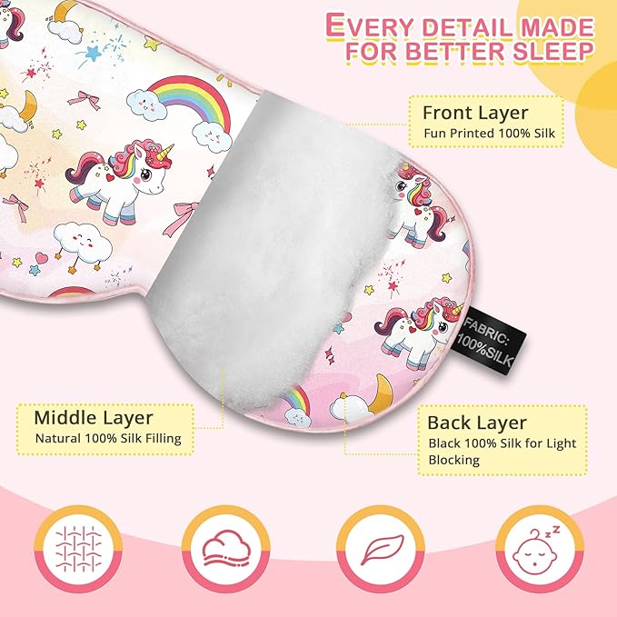 Kids Silk Sleep Mask: 100% Mulberry Silk Eye Mask with Adjustable Strap, Cute Sleeping Blindfold for Boys Girls Teens, Soft & Lightweight Eye Shade for Travel, Nap, Bedtime (Pink Horse Style)