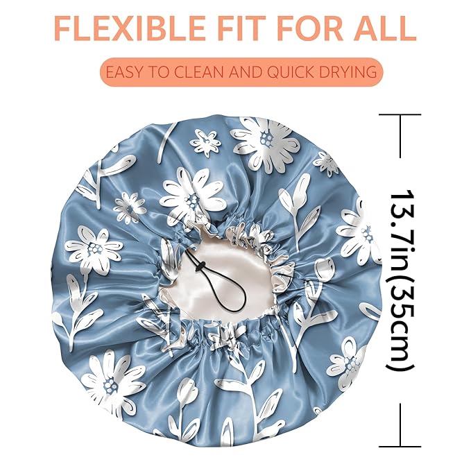 Shower Cap Reusable Double Layer Adjustable Elastic Waterproof EVA Hair Bath Caps for Women Girls Cute Aesthetic-White Flower