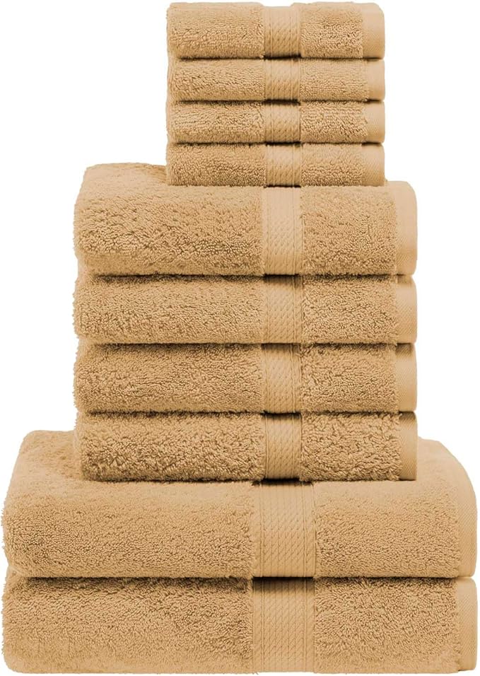 Superior Egyptian Cotton Pile 10 Piece Towel Set, Includes 2 Bath, 4 Hand, 4 Face Towels/ Washcloths, Ultra Soft Luxury Towels, Thick Plush Essentials, Guest Bath, Spa, Hotel Bathroom, Toast