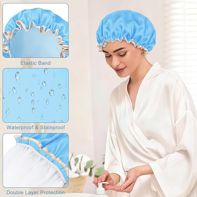 Waterproof Shower Caps for Women, Solid Color Dual-Layer Elastic Band Design Bath Hair Hat, Protects Hair In Shower, Spa, Cooking, Clean & Travel (Blue)
