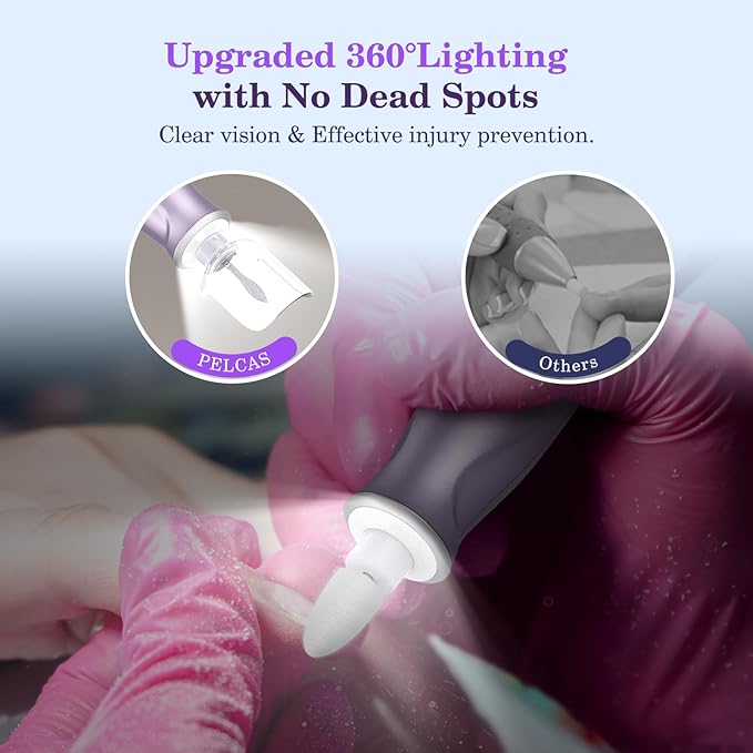 PELCAS Electric Nail Drills, 10 Speeds Cordless Nail File with LED Light, Portable Manicure & Pedicure Kit, Nail Grinder with LCD Screen for Human, Pet, Thick Toenails, Natural & Acrylic Nails Purple