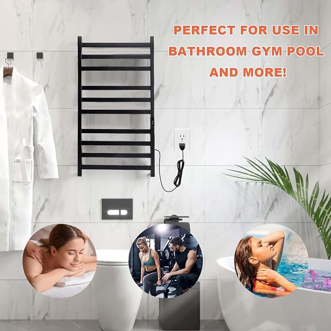 Towel Warmer Heated Towel Rack-Bar - Nopwer Bathroom Wall Mounted Electric Towel Drying Matte Black 10 Bar Plug-in