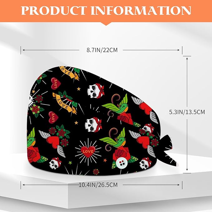 Adjustable Scrub Cap with Buttons & Sweatband, Working Hat with Elastic Tie Back, Unisex Nurse Surgical Caps for Women & Men