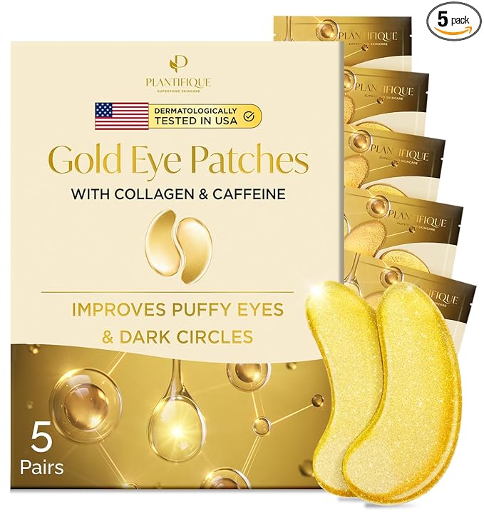 PLANTIFIQUE 24K Gold Under Eye Patches 5 Pairs - Dermatologist Tested - Hydrating Eye Masks Skincare with Collagen, Hyaluronic Acid for Dark Circles & Puffiness