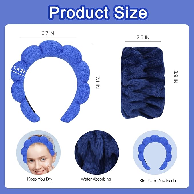 Beleki Spa Headband for Washing Face Wristband Set Sponge Makeup Skincare Face Washing Headband Terry Cloth Bubble Puffy Hairband Non Slip Headwear Hair Accessory for Women - Royal Blue