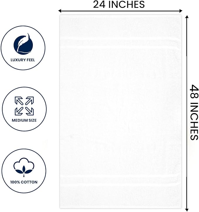 Basic Medium Bath Towels 24x48 Inches – Pack of 6 – White Color – Soft and Absorbent Multipurpose Cotton Towels for Bathroom, Spa, Gym, Salon, Hotel, Clinics and Everyday Use