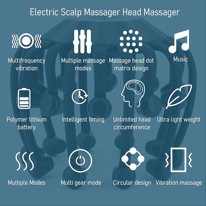 Electric Scalp Massager - Octopus Head Massager Stress Relax, 20 Claw Multi-Configuration Array Vibrating Nodes, 5 Modes, Bluetooth Music, Hair Scalp Relaxation, Fatigue Relief