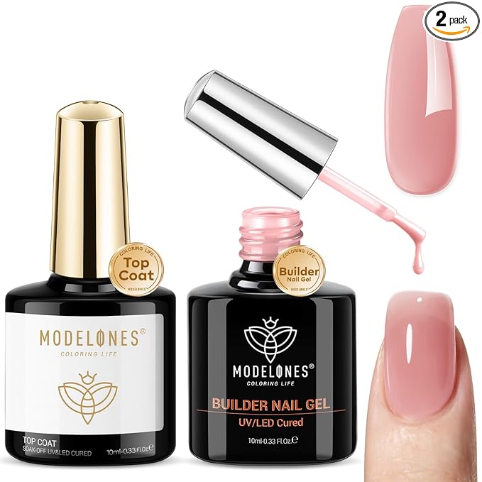 modelones Builder Nail Gel with Gel Top Coat, 8-In-One Nude Pink Builder Acid Free Top Coat for Color Rubber Base Nail Polish Thickening Apex Building Shine Finish, LED Lamp Cured 10ml Home DIY Salon