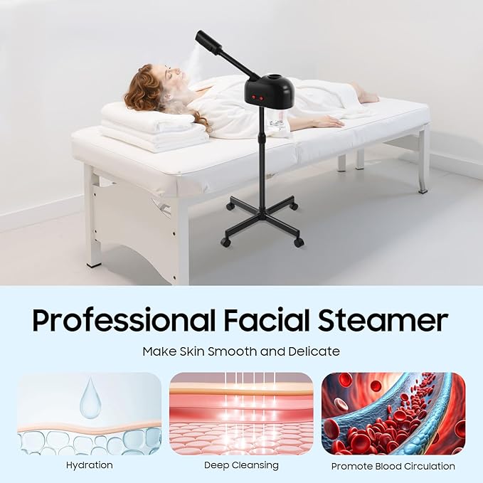 Professional Facial Steamer, Hot Ozone Face Steamer on Wheels for Facial, Adjustable Height, 360° Rotatable Nozzle, Vaporizador Facial Steamer for Esthetician, Height Adjustable, SPA at Home (Black)